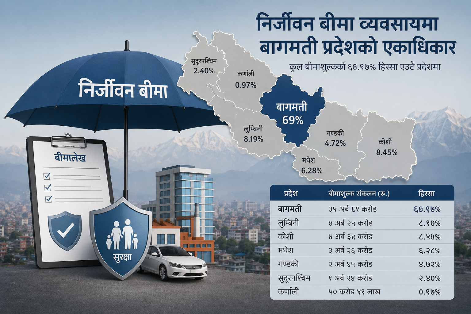 निर्जीवन बीमामा बागमतीको एकाधिकार: ६९ प्रतिशत व्यापार एउटै प्रदेशमा, कर्णाली र सुदूरपश्चिम ओझेलमा